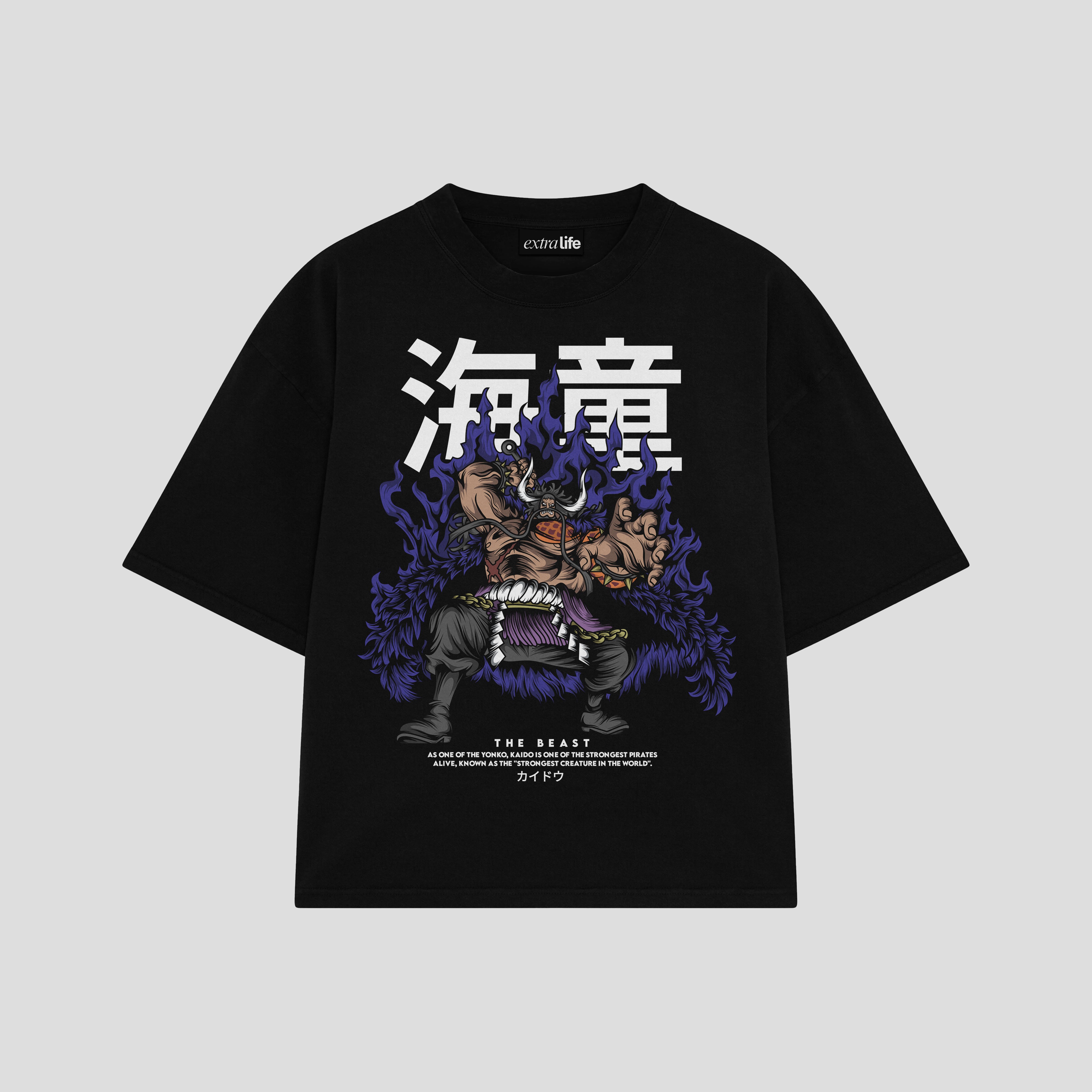 Playera streetwear premium de anime y gaming ExtraLife MX, corte boxy oversized drop shoulder heavyweight en color Deep Black y Off-White, moda urbana mexicana de culto.