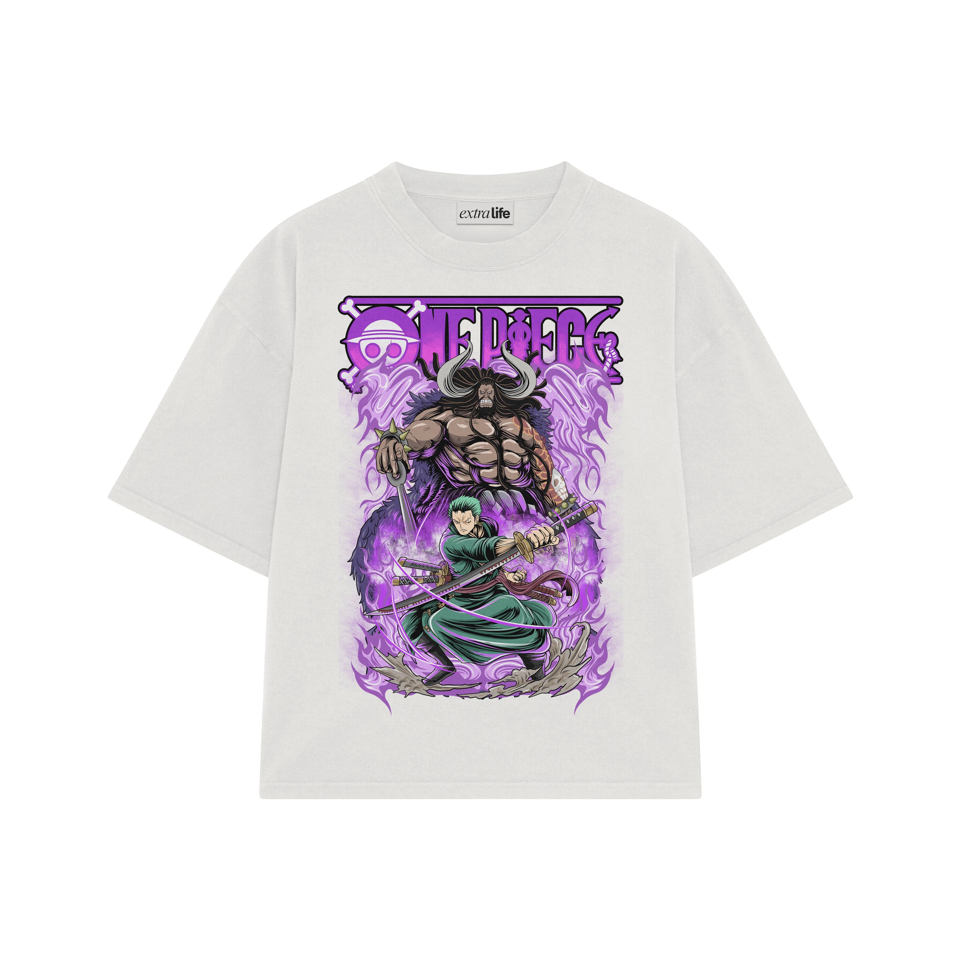 Playera streetwear premium de anime y gaming ExtraLife MX, corte boxy oversized drop shoulder heavyweight en color Deep Black y Off-White, moda urbana mexicana de culto.