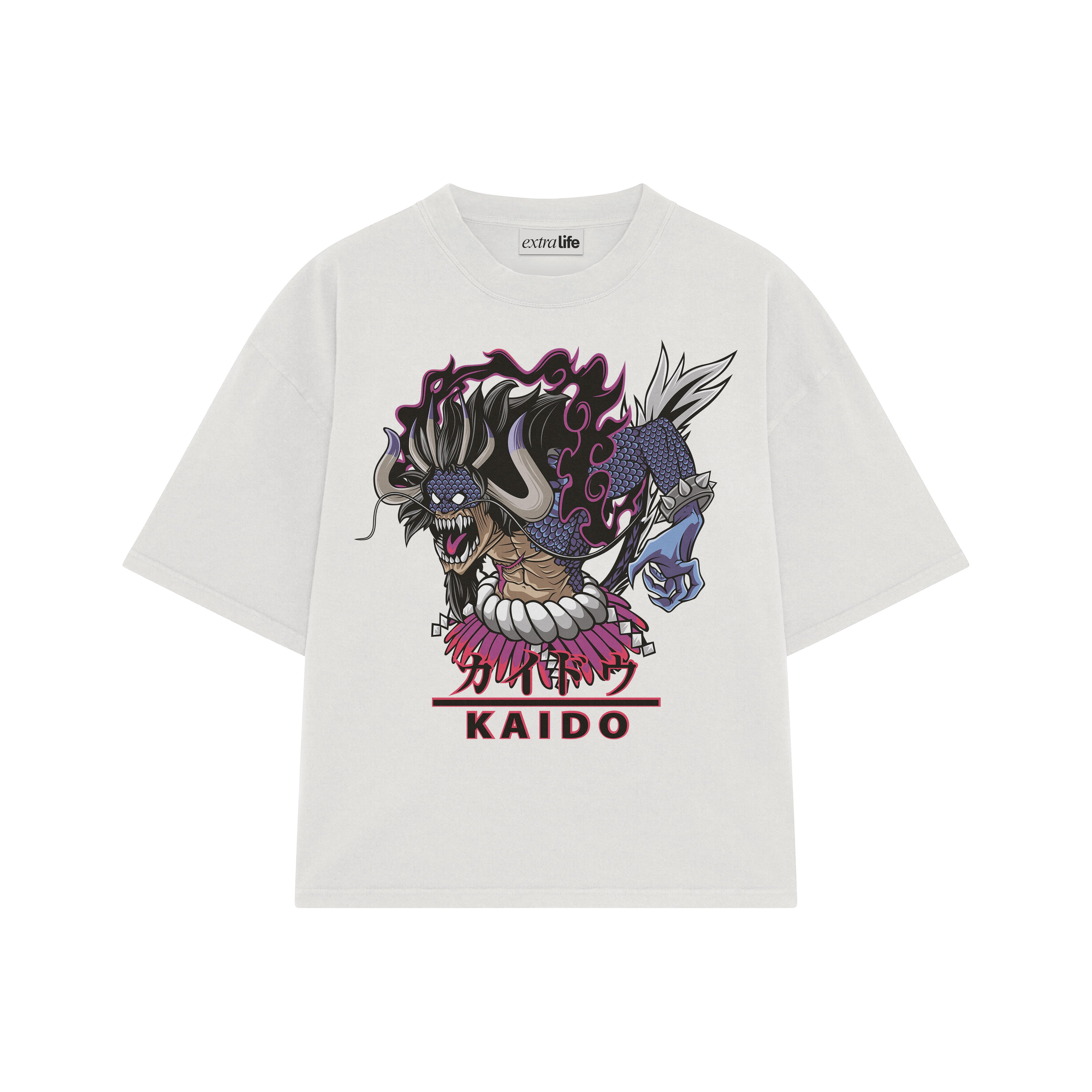 Playera streetwear premium de anime y gaming ExtraLife MX, corte boxy oversized drop shoulder heavyweight en color Deep Black y Off-White, moda urbana mexicana de culto.