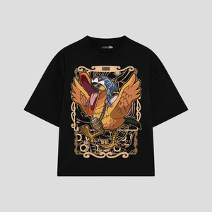 Playera streetwear premium de anime y gaming ExtraLife MX, corte boxy oversized drop shoulder heavyweight en color Deep Black y Off-White, moda urbana mexicana de culto.