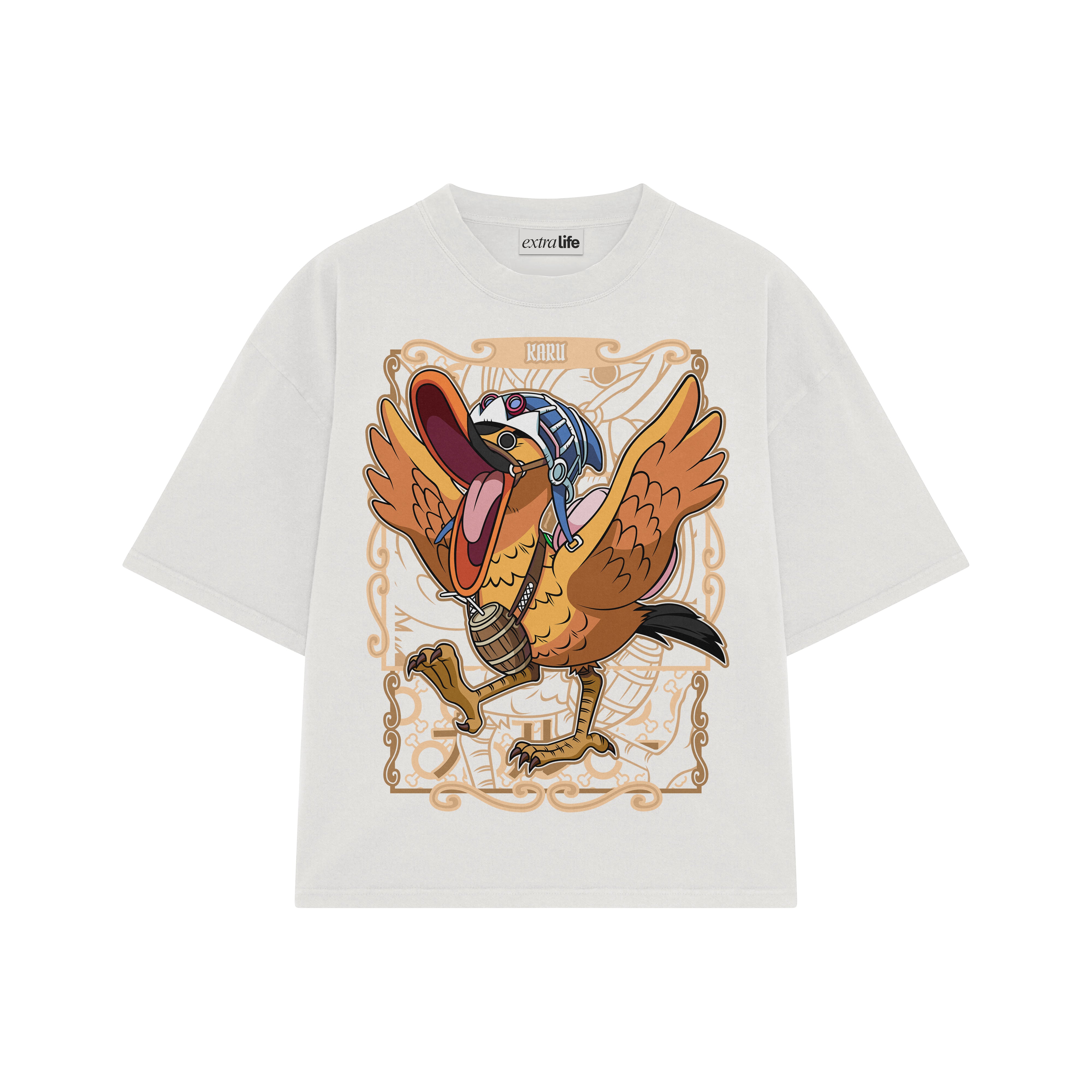 Playera streetwear premium de anime y gaming ExtraLife MX, corte boxy oversized drop shoulder heavyweight en color Deep Black y Off-White, moda urbana mexicana de culto.