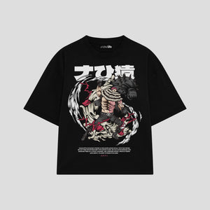 Playera streetwear premium de anime y gaming ExtraLife MX, corte boxy oversized drop shoulder heavyweight en color Deep Black y Off-White, moda urbana mexicana de culto.