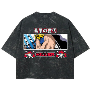 Playera streetwear premium de anime y gaming ExtraLife MX, corte boxy deluxe mineral wash heavyweight en color Acid Wash, moda urbana mexicana de culto.