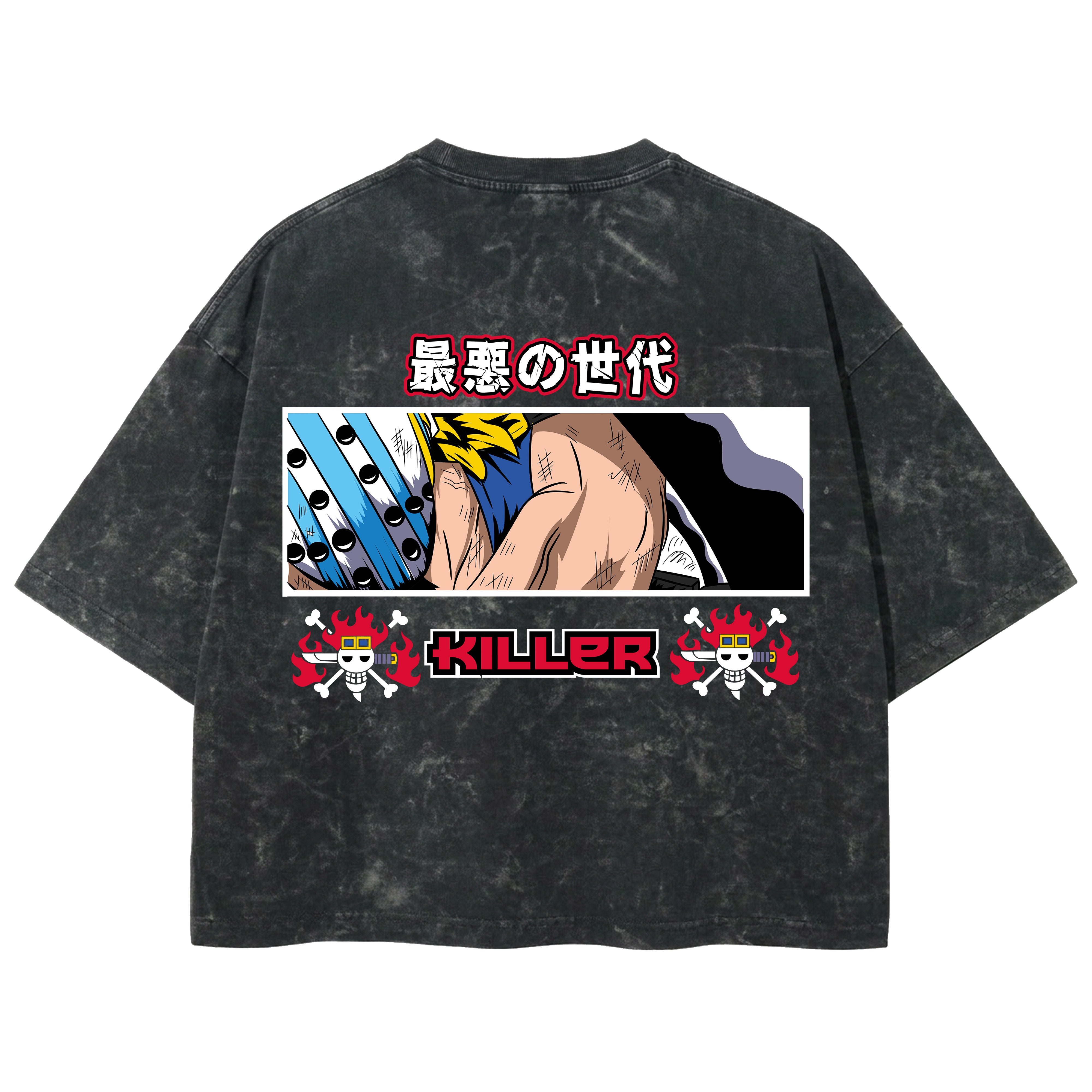 Playera streetwear premium de anime y gaming ExtraLife MX, corte boxy deluxe mineral wash heavyweight en color Acid Wash, moda urbana mexicana de culto.