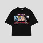 Playera streetwear premium de anime y gaming ExtraLife MX, corte boxy oversized drop shoulder heavyweight en color Deep Black y Off-White, moda urbana mexicana de culto.