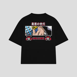 Playera streetwear premium de anime y gaming ExtraLife MX, corte boxy oversized drop shoulder heavyweight en color Deep Black y Off-White, moda urbana mexicana de culto.