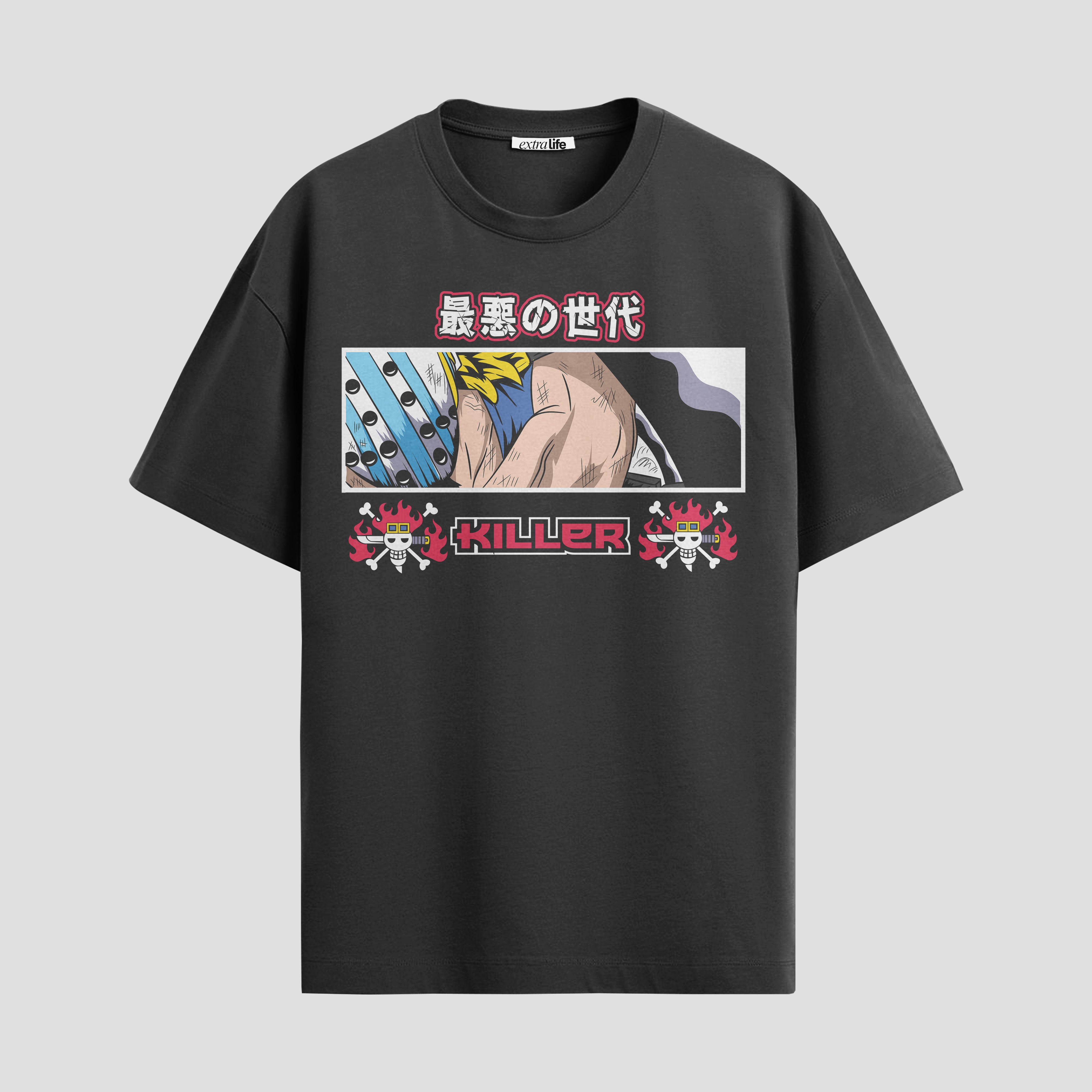 Playera urbana de anime y gaming ExtraLife MX, corte Standard Fit unisex ligero y transpirable en color Deep Black y Pure White, ropa de uso diario para gym y casual.