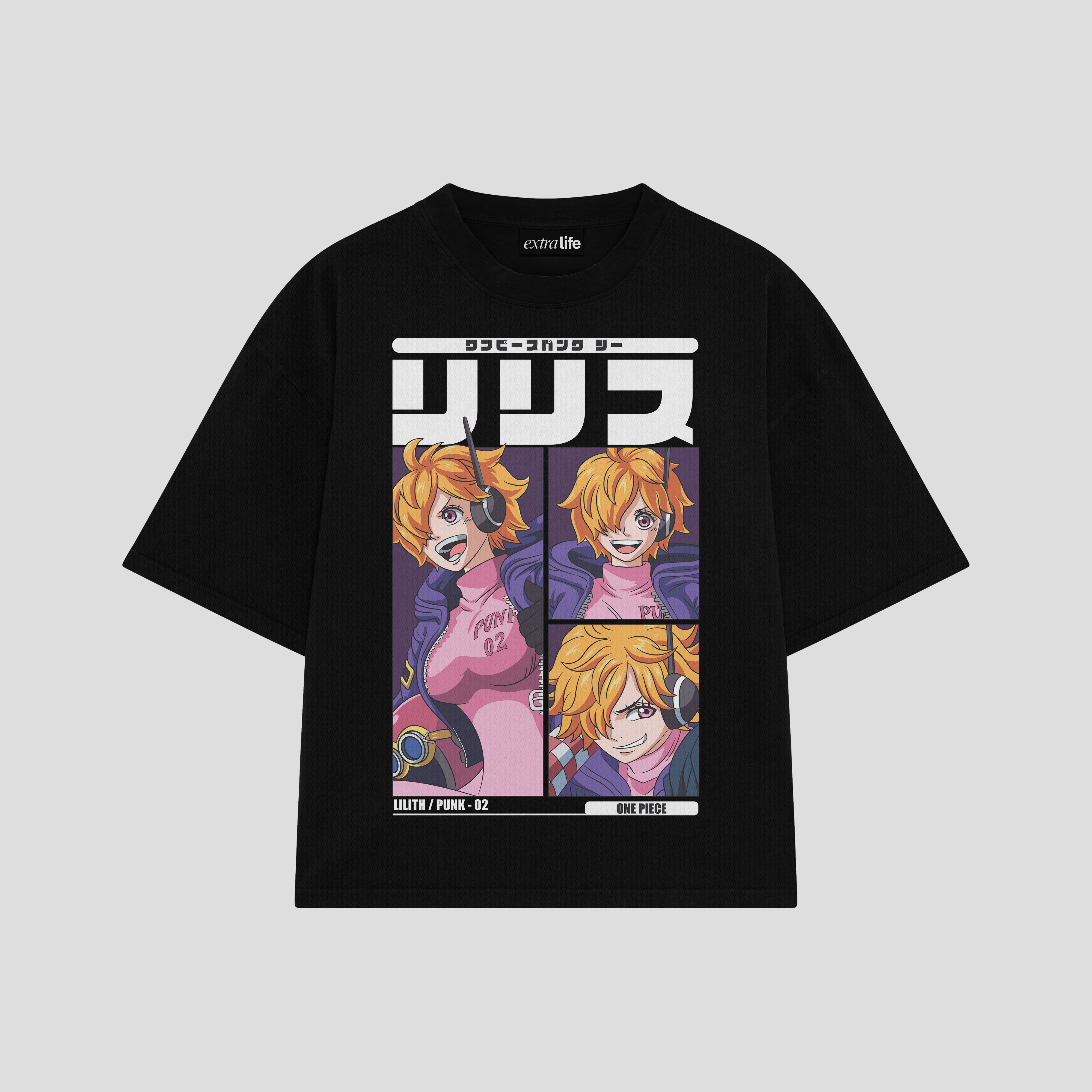 Playera streetwear premium de anime y gaming ExtraLife MX, corte boxy oversized drop shoulder heavyweight en color Deep Black y Off-White, moda urbana mexicana de culto.