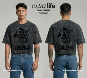 Playera streetwear premium de anime y gaming ExtraLife MX, corte boxy deluxe mineral wash heavyweight en color Acid Wash, moda urbana mexicana de culto.