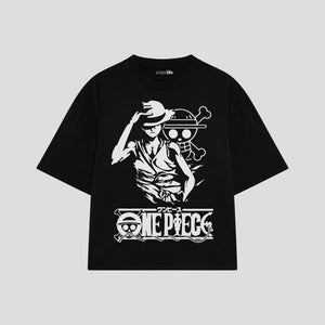 Playera streetwear premium de anime y gaming ExtraLife MX, corte boxy oversized drop shoulder heavyweight en color Deep Black y Off-White, moda urbana mexicana de culto.