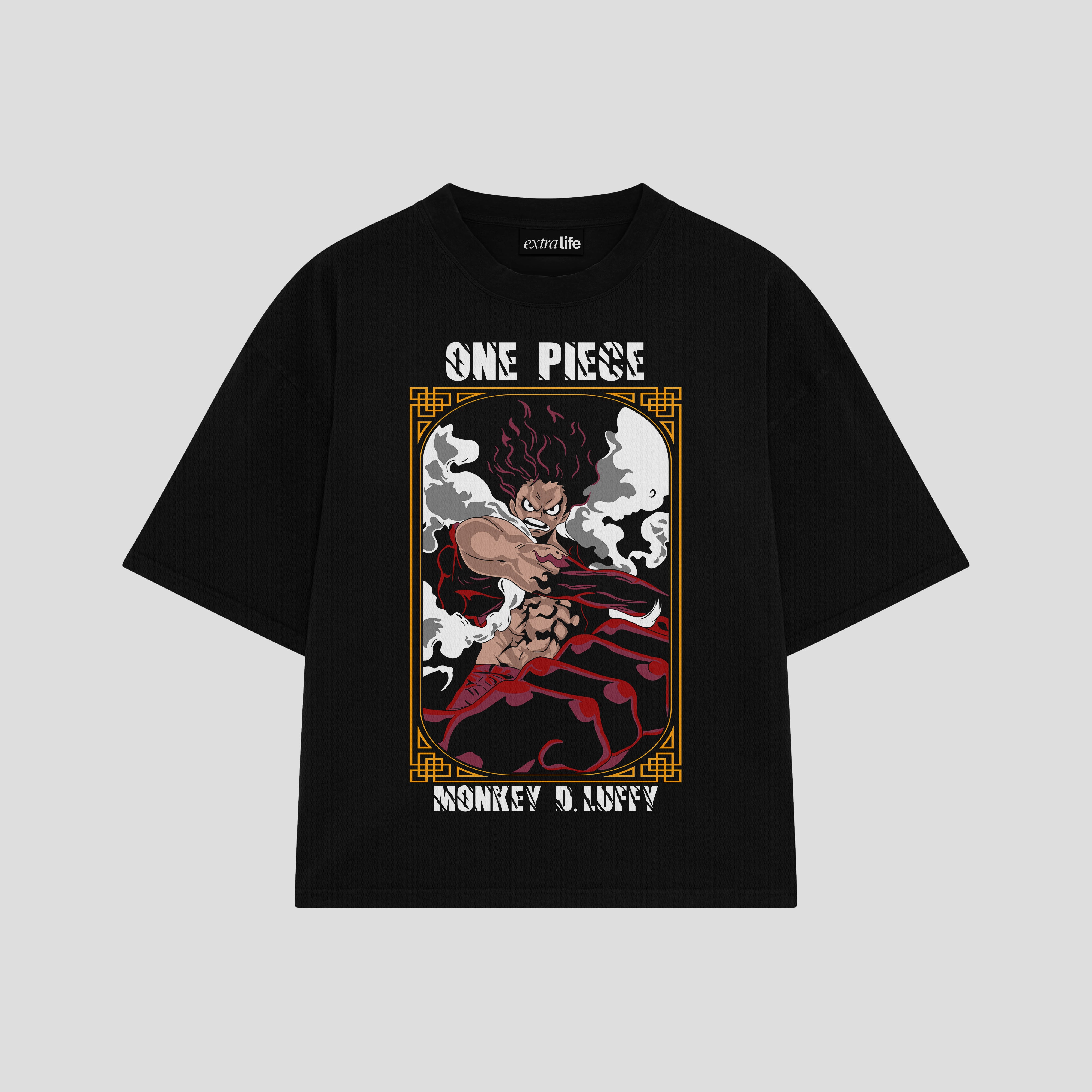 Playera streetwear premium de anime y gaming ExtraLife MX, corte boxy oversized drop shoulder heavyweight en color Deep Black y Off-White, moda urbana mexicana de culto.