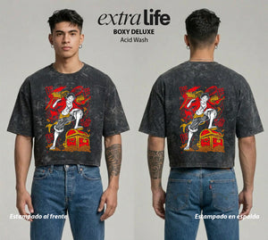 Playera streetwear premium de anime y gaming ExtraLife MX, corte boxy deluxe mineral wash heavyweight en color Acid Wash, moda urbana mexicana de culto.