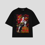 Playera streetwear premium de anime y gaming ExtraLife MX, corte boxy oversized drop shoulder heavyweight en color Deep Black y Off-White, moda urbana mexicana de culto.