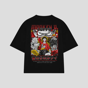Playera streetwear premium de anime y gaming ExtraLife MX, corte boxy oversized drop shoulder heavyweight en color Deep Black y Off-White, moda urbana mexicana de culto.