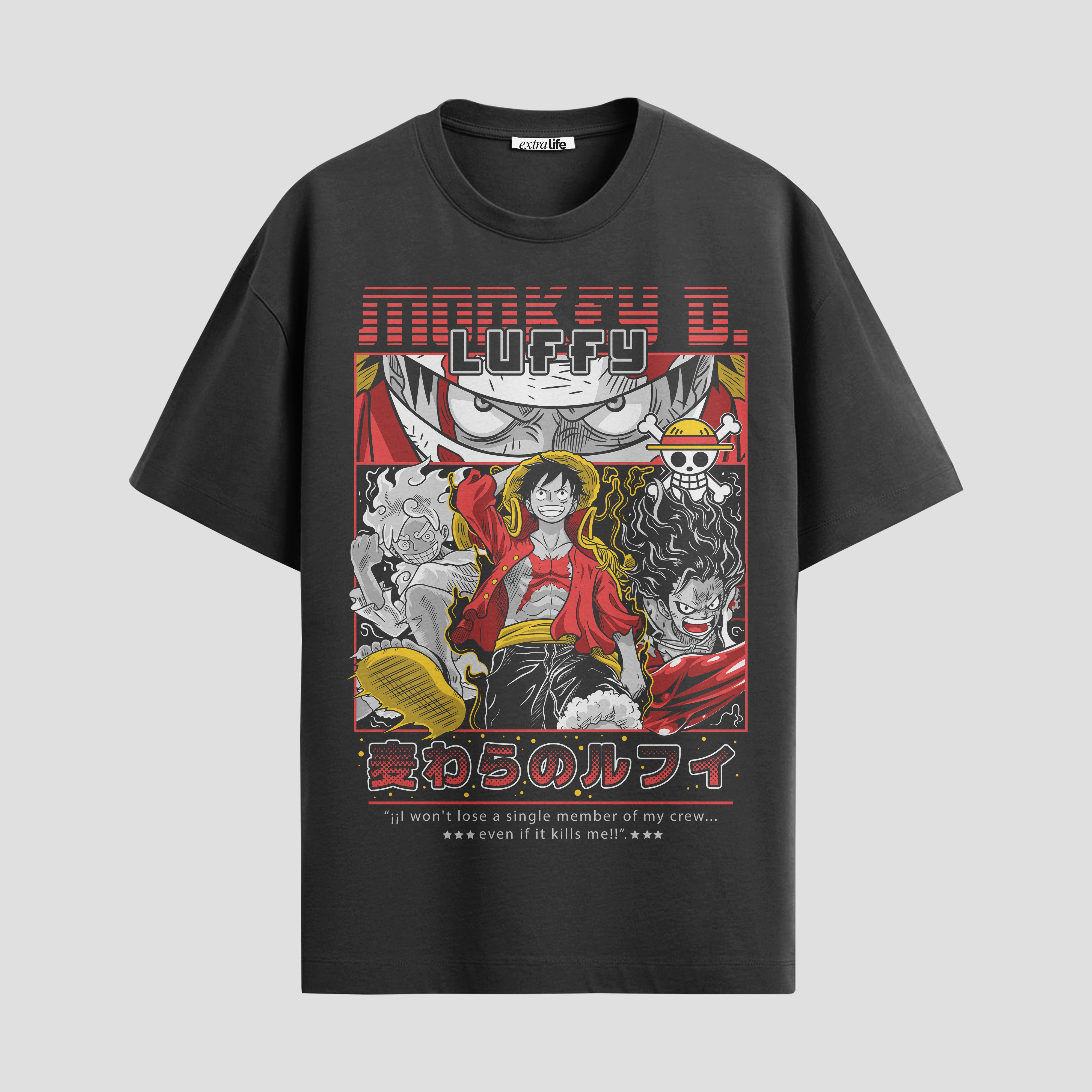 Playera urbana de anime y gaming ExtraLife MX, corte Standard Fit unisex ligero y transpirable en color Deep Black y Pure White, ropa de uso diario para gym y casual.