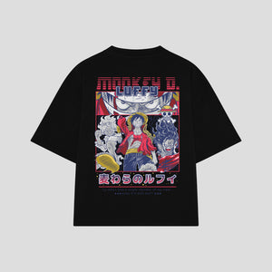 Playera streetwear premium de anime y gaming ExtraLife MX, corte boxy oversized drop shoulder heavyweight en color Deep Black y Off-White, moda urbana mexicana de culto.