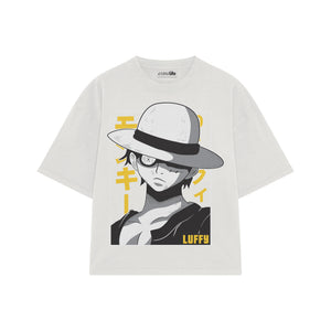 Playera streetwear premium de anime y gaming ExtraLife MX, corte boxy oversized drop shoulder heavyweight en color Deep Black y Off-White, moda urbana mexicana de culto.