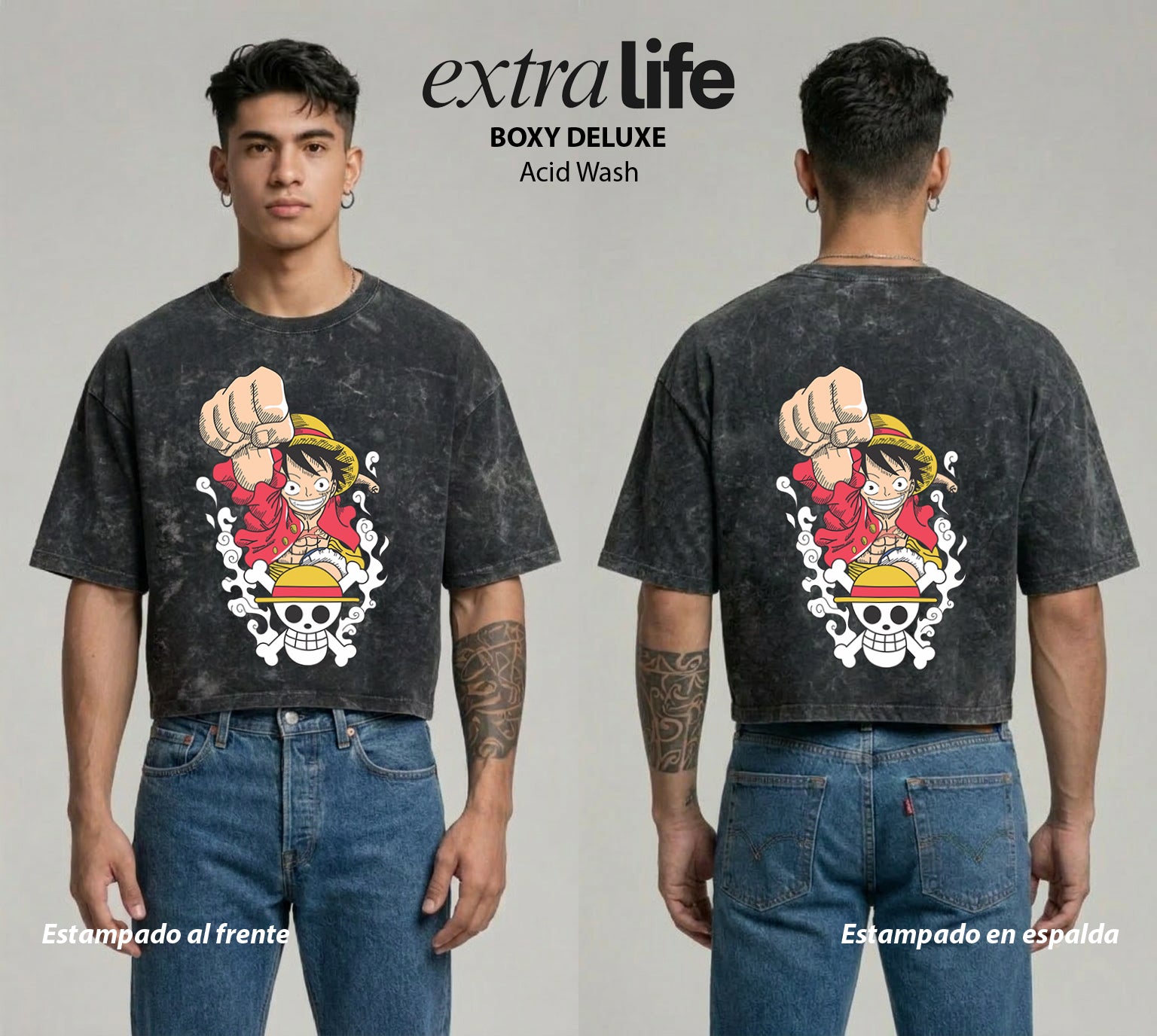Playera streetwear premium de anime y gaming ExtraLife MX, corte boxy deluxe mineral wash heavyweight en color Acid Wash, moda urbana mexicana de culto.