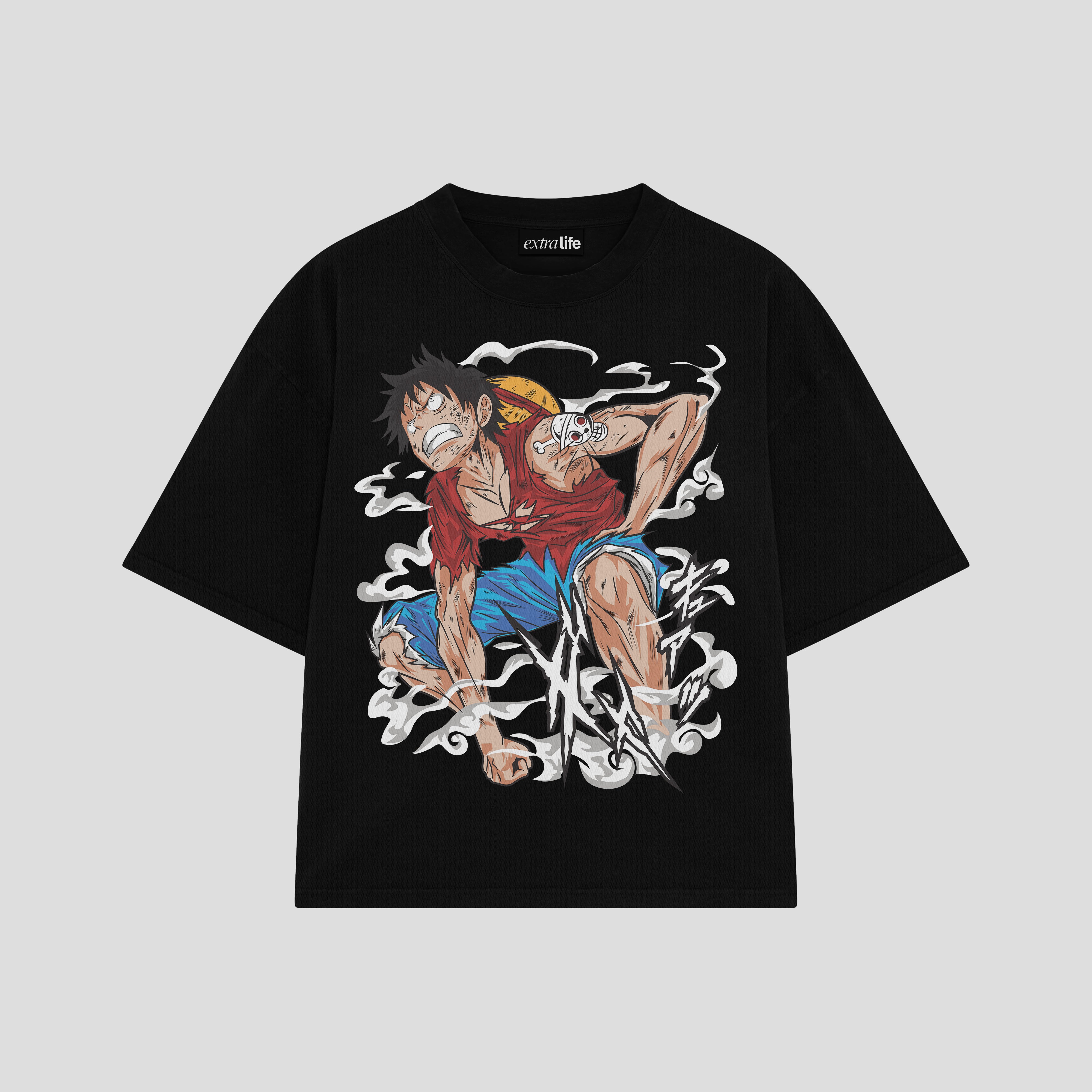 Playera streetwear premium de anime y gaming ExtraLife MX, corte boxy oversized drop shoulder heavyweight en color Deep Black y Off-White, moda urbana mexicana de culto.