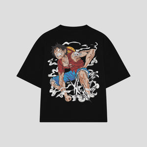 Playera streetwear premium de anime y gaming ExtraLife MX, corte boxy oversized drop shoulder heavyweight en color Deep Black y Off-White, moda urbana mexicana de culto.