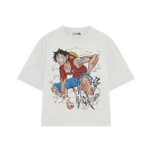 Playera streetwear premium de anime y gaming ExtraLife MX, corte boxy oversized drop shoulder heavyweight en color Deep Black y Off-White, moda urbana mexicana de culto.