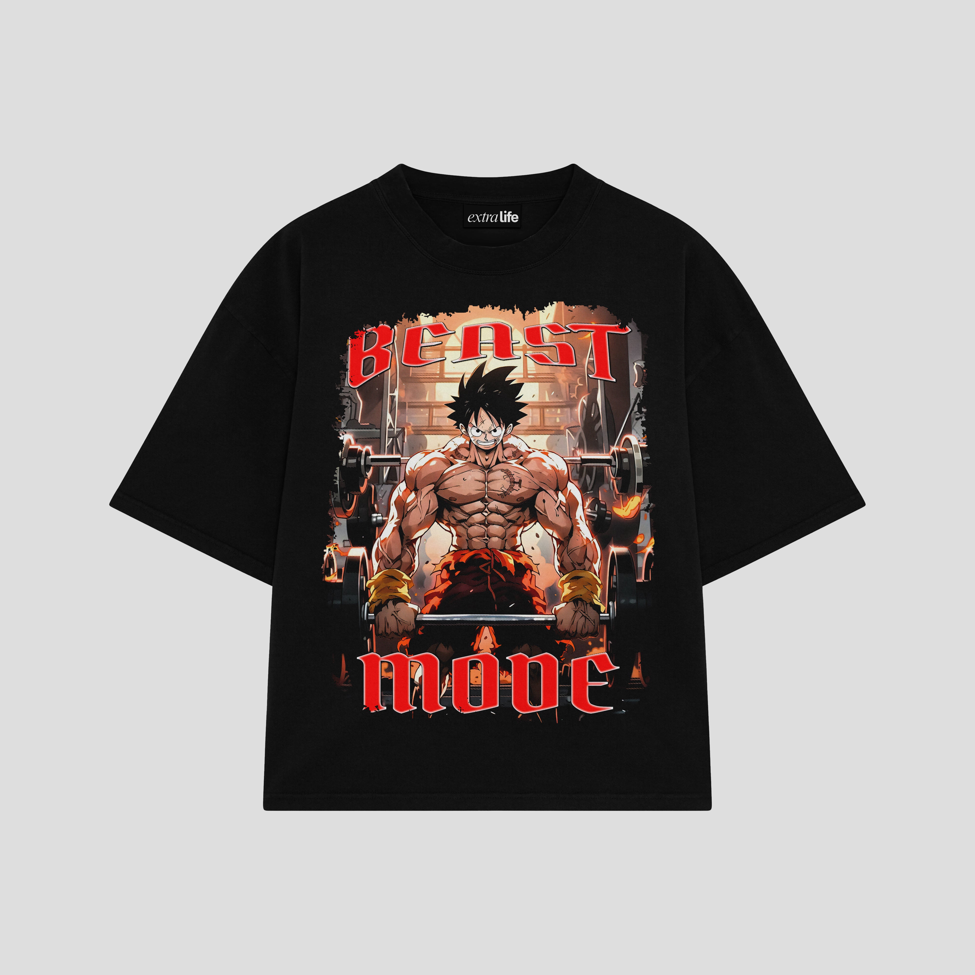 Playera streetwear premium de anime y gaming ExtraLife MX, corte boxy oversized drop shoulder heavyweight en color Deep Black y Off-White, moda urbana mexicana de culto.