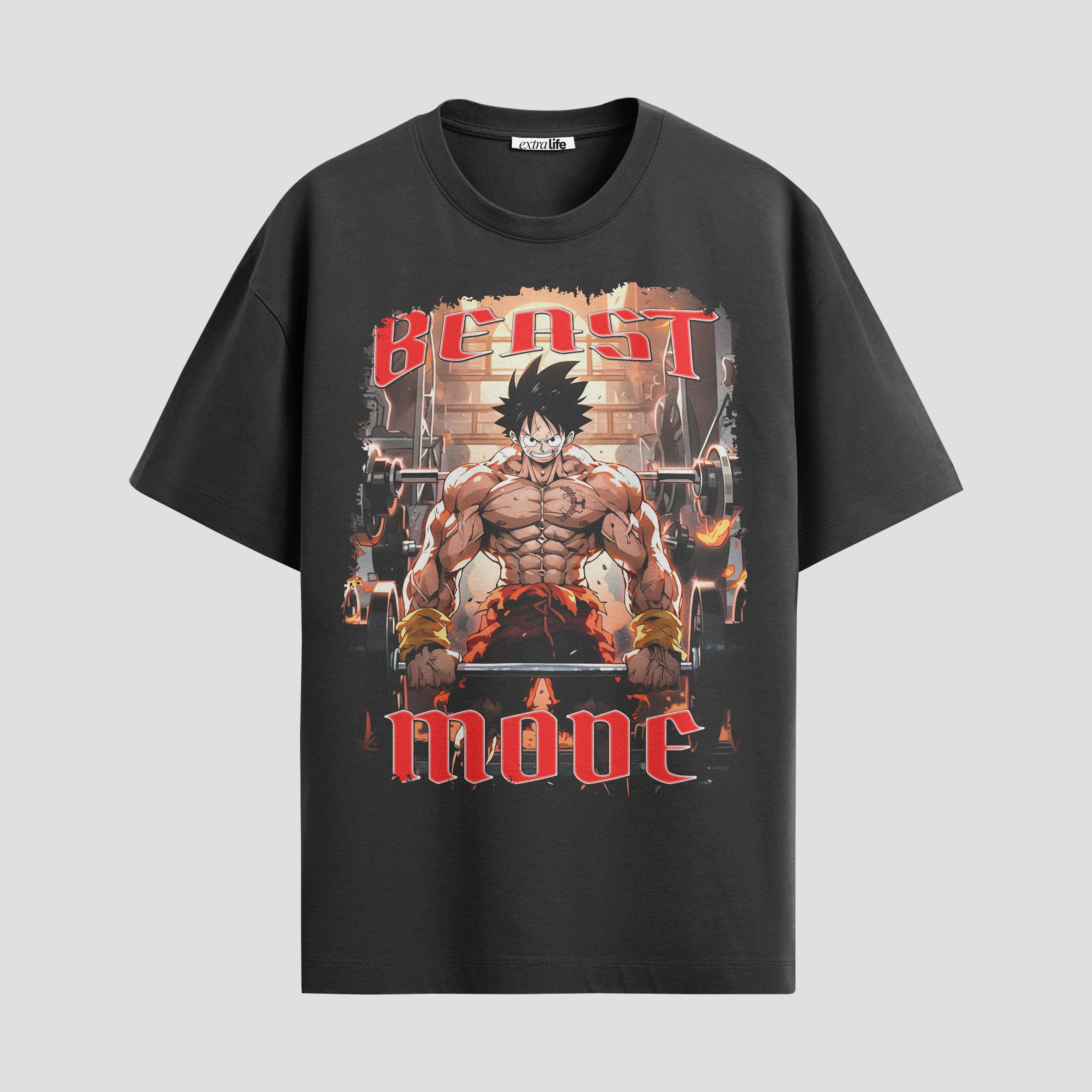 Playera urbana de anime y gaming ExtraLife MX, corte Standard Fit unisex ligero y transpirable en color Deep Black y Pure White, ropa de uso diario para gym y casual.