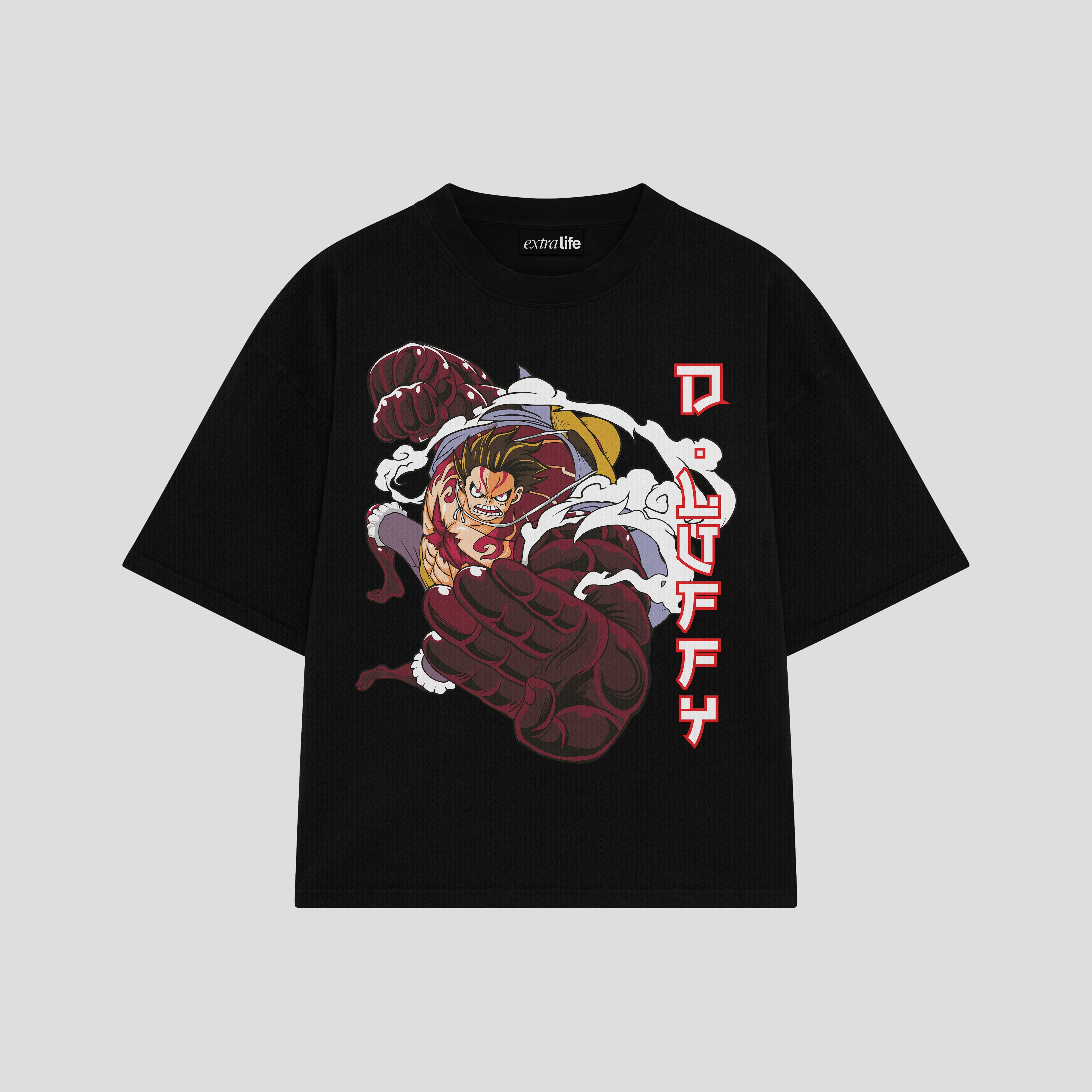 Playera streetwear premium de anime y gaming ExtraLife MX, corte boxy oversized drop shoulder heavyweight en color Deep Black y Off-White, moda urbana mexicana de culto.