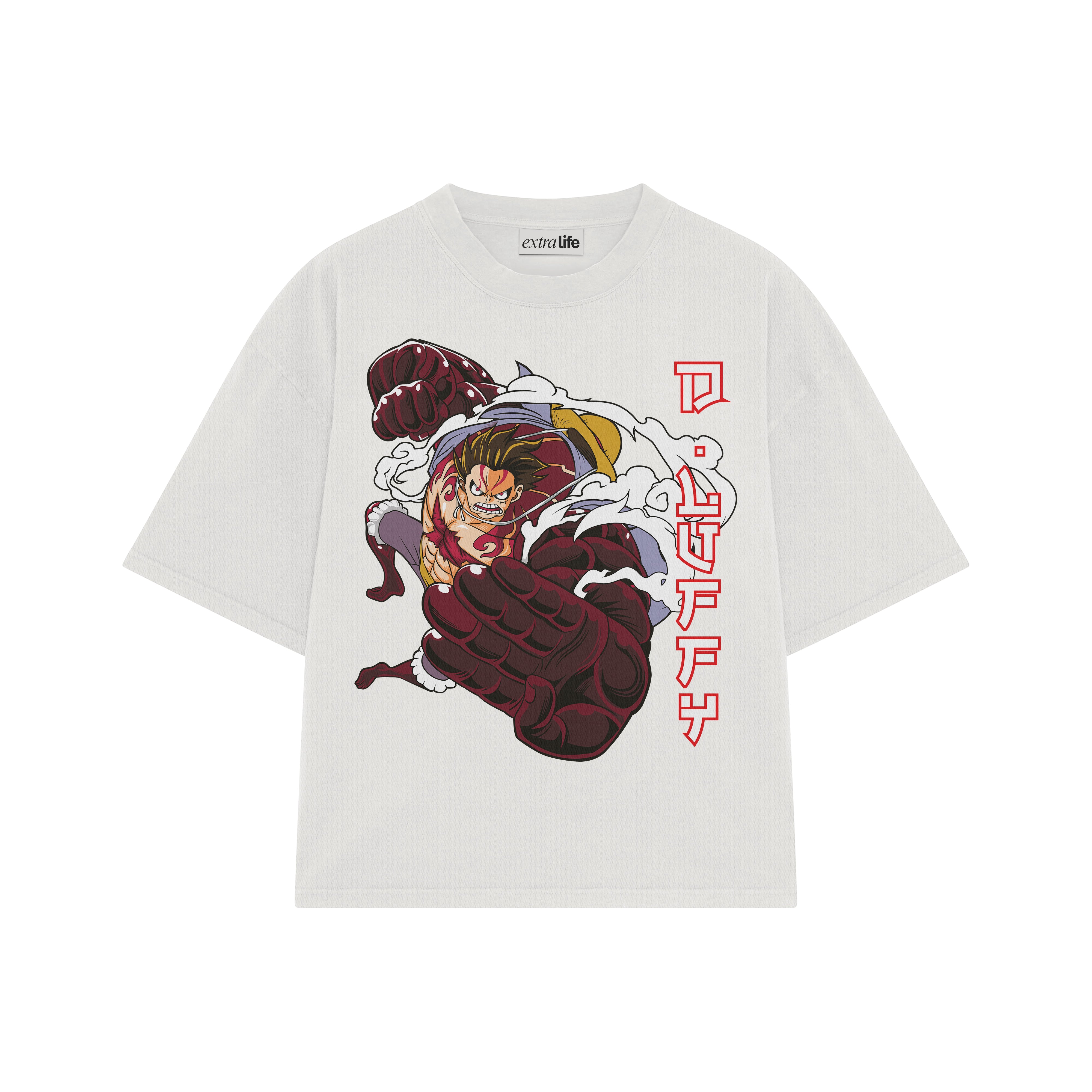Playera streetwear premium de anime y gaming ExtraLife MX, corte boxy oversized drop shoulder heavyweight en color Deep Black y Off-White, moda urbana mexicana de culto.
