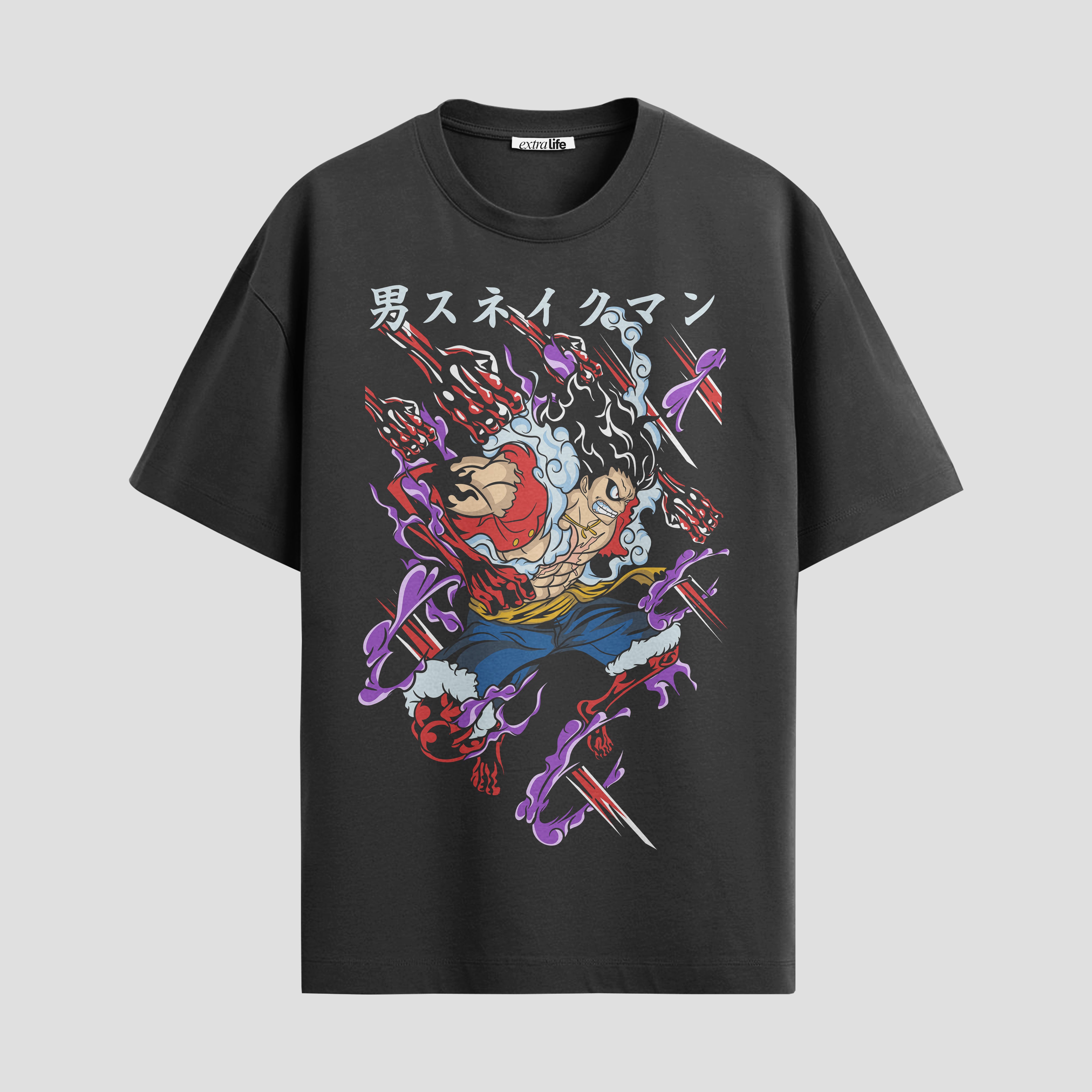 Playera urbana de anime y gaming ExtraLife MX, corte Standard Fit unisex ligero y transpirable en color Deep Black y Pure White, ropa de uso diario para gym y casual.