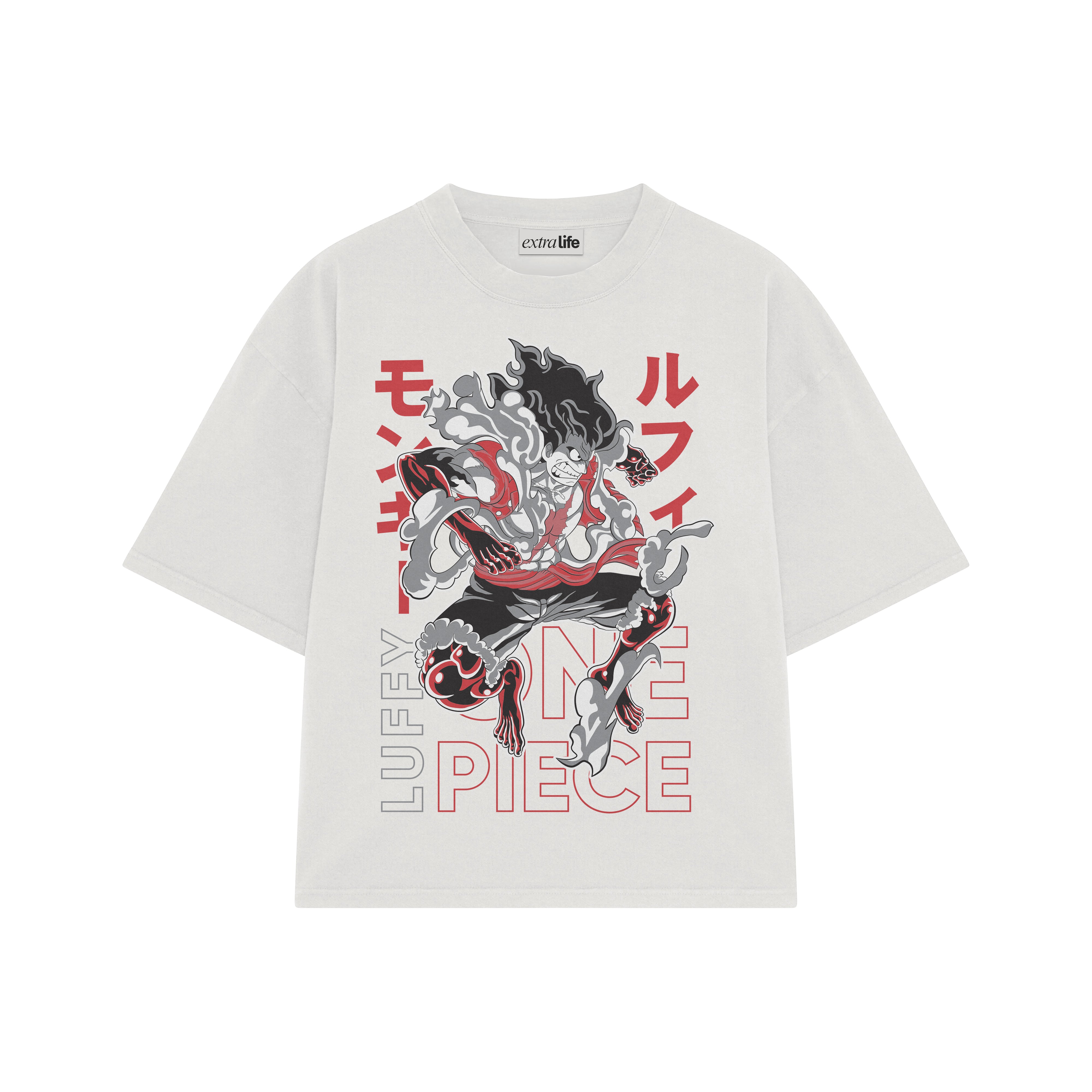 Playera streetwear premium de anime y gaming ExtraLife MX, corte boxy oversized drop shoulder heavyweight en color Deep Black y Off-White, moda urbana mexicana de culto.