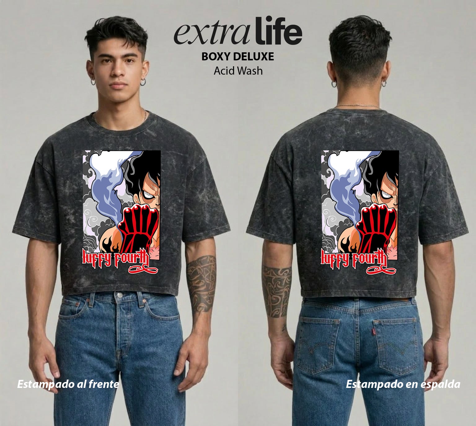 Playera streetwear premium de anime y gaming ExtraLife MX, corte boxy deluxe mineral wash heavyweight en color Acid Wash, moda urbana mexicana de culto.