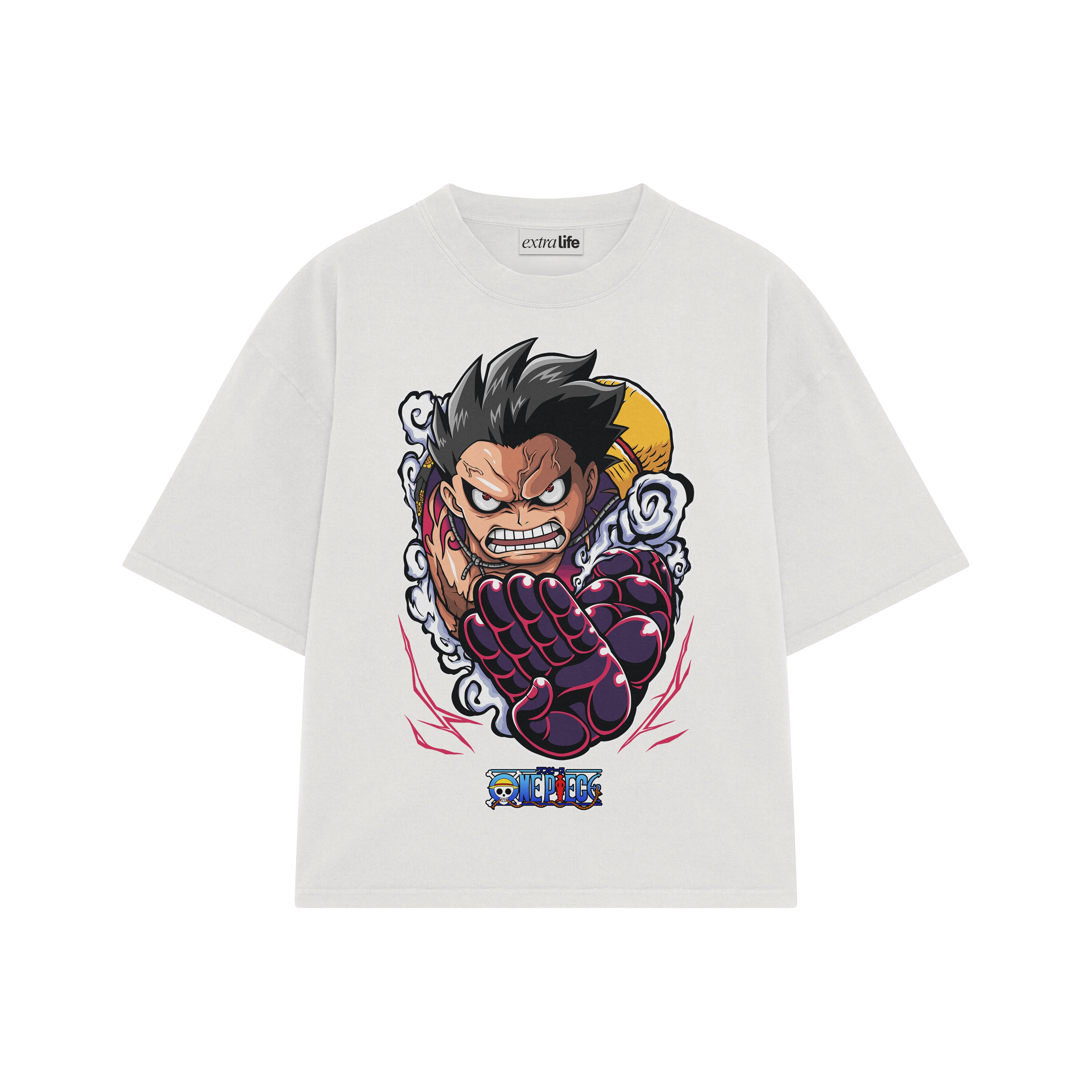 Playera streetwear premium de anime y gaming ExtraLife MX, corte boxy oversized drop shoulder heavyweight en color Deep Black y Off-White, moda urbana mexicana de culto.