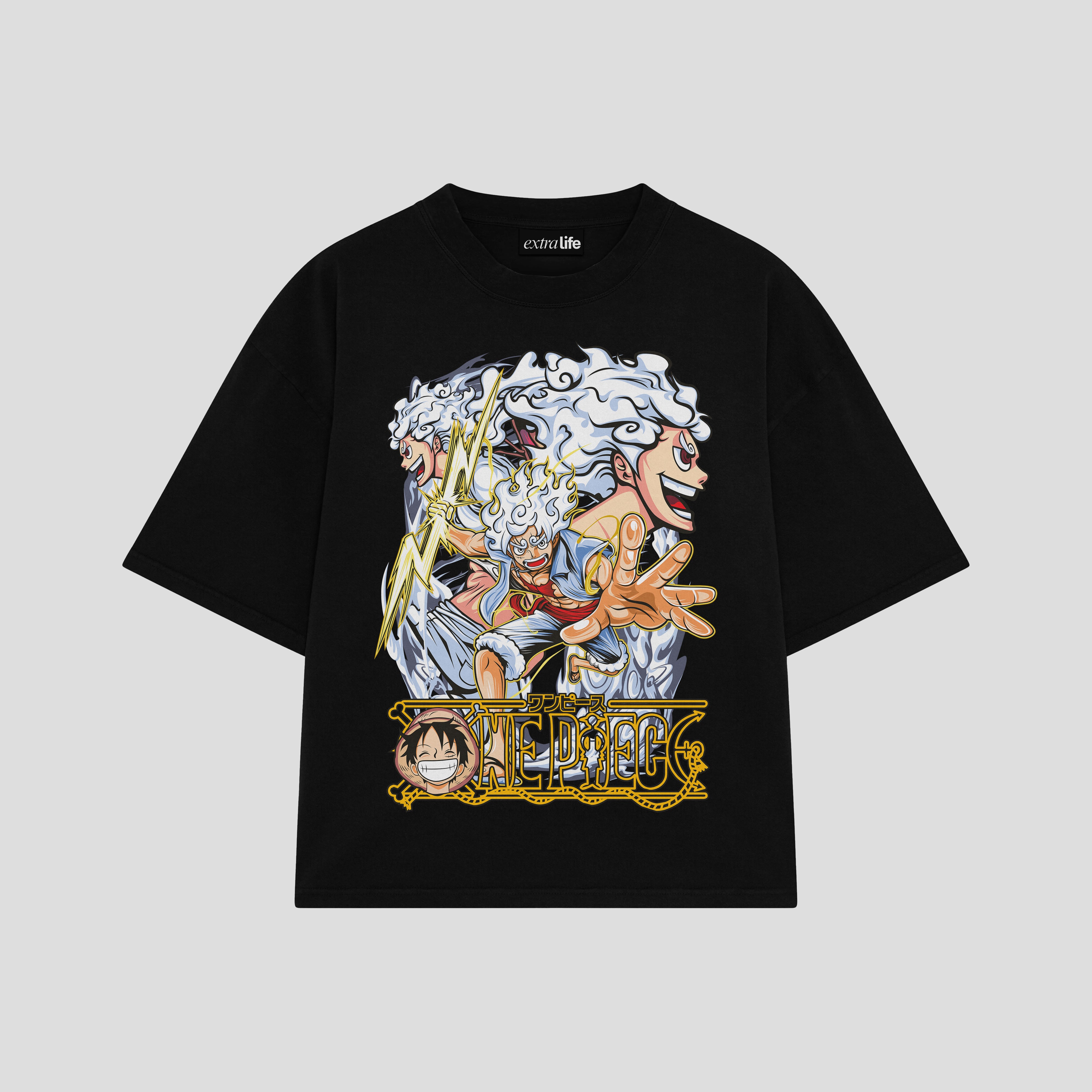 Playera streetwear premium de anime y gaming ExtraLife MX, corte boxy oversized drop shoulder heavyweight en color Deep Black y Off-White, moda urbana mexicana de culto.