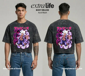 Playera streetwear premium de anime y gaming ExtraLife MX, corte boxy deluxe mineral wash heavyweight en color Acid Wash, moda urbana mexicana de culto.