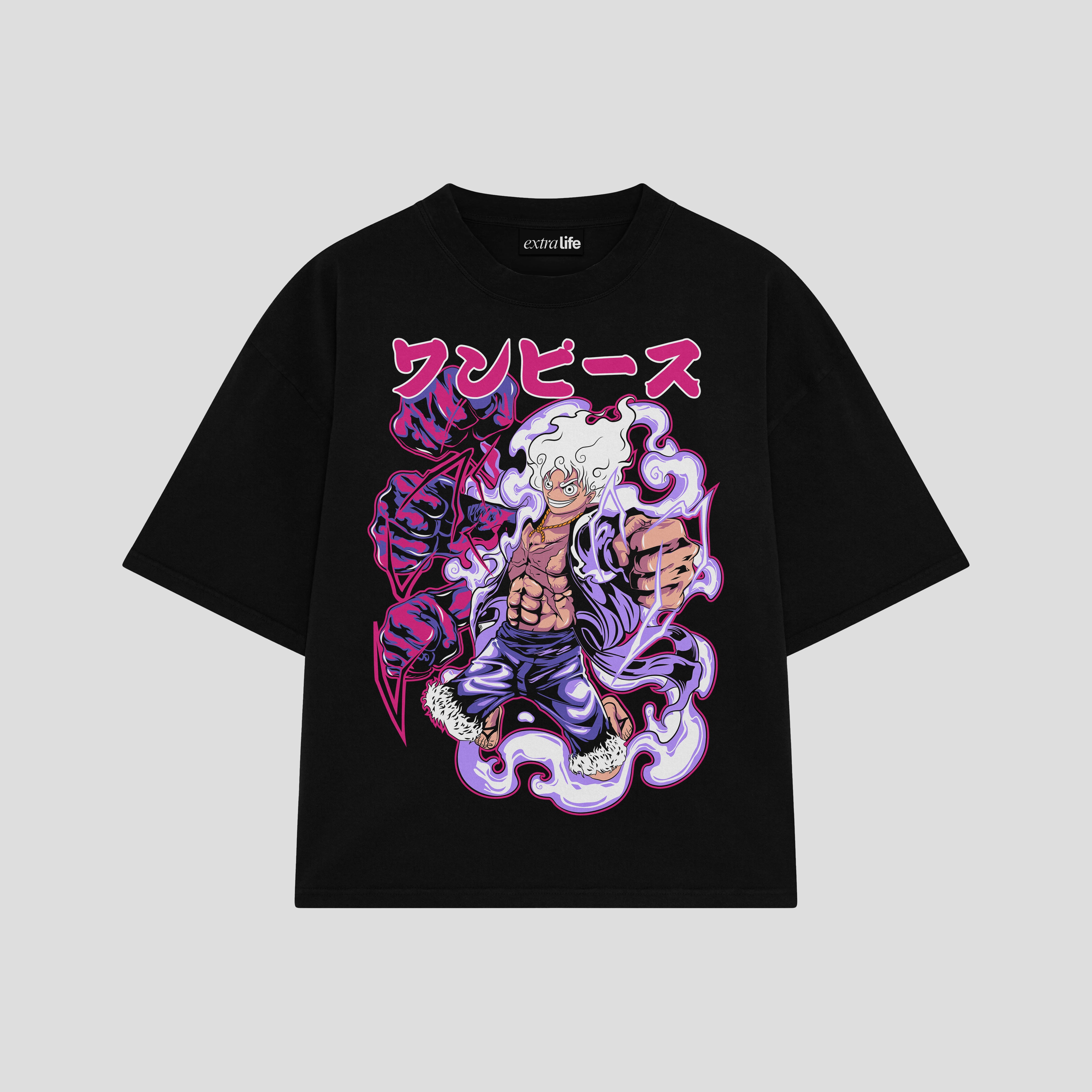 Playera streetwear premium de anime y gaming ExtraLife MX, corte boxy oversized drop shoulder heavyweight en color Deep Black y Off-White, moda urbana mexicana de culto.