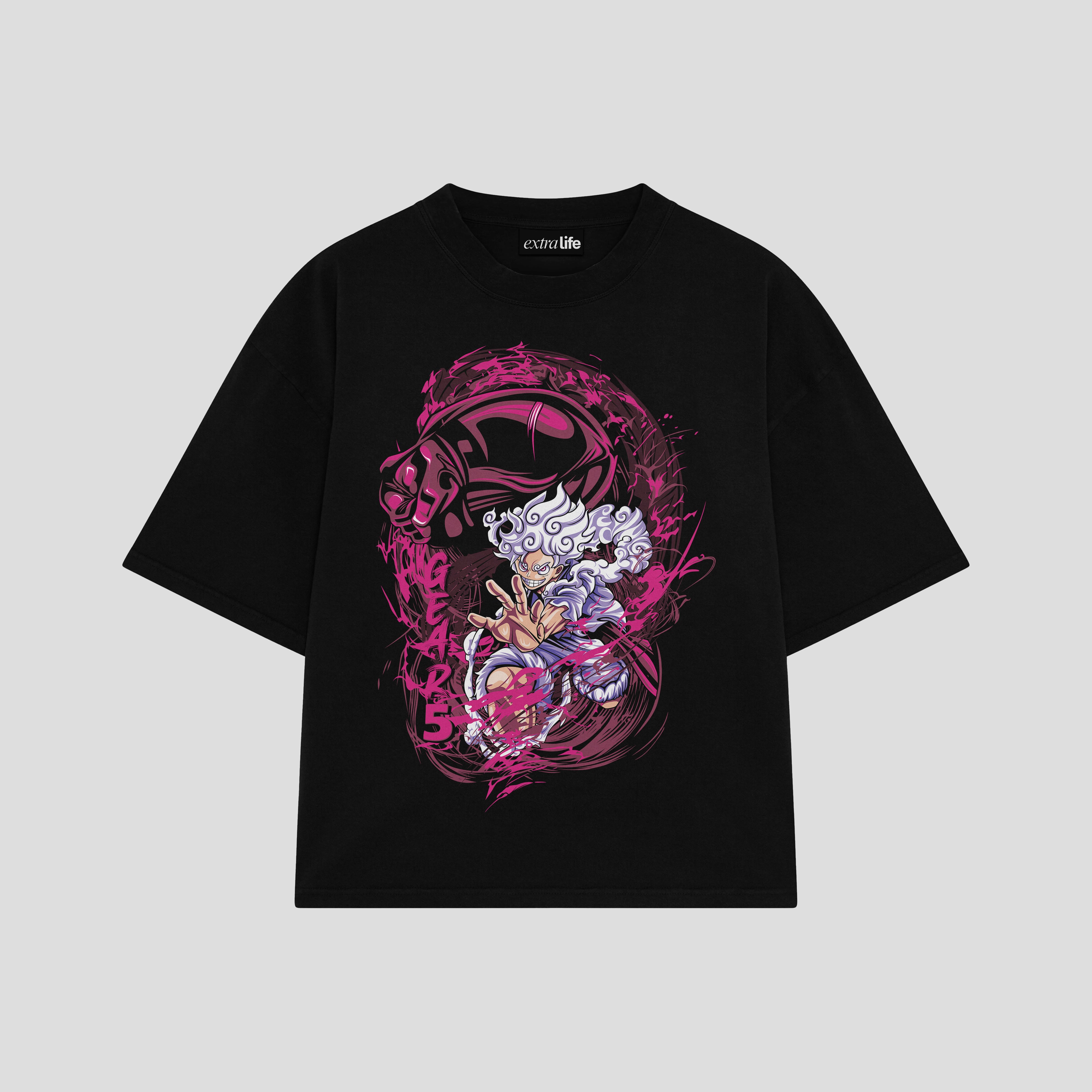 Playera streetwear premium de anime y gaming ExtraLife MX, corte boxy oversized drop shoulder heavyweight en color Deep Black y Off-White, moda urbana mexicana de culto.