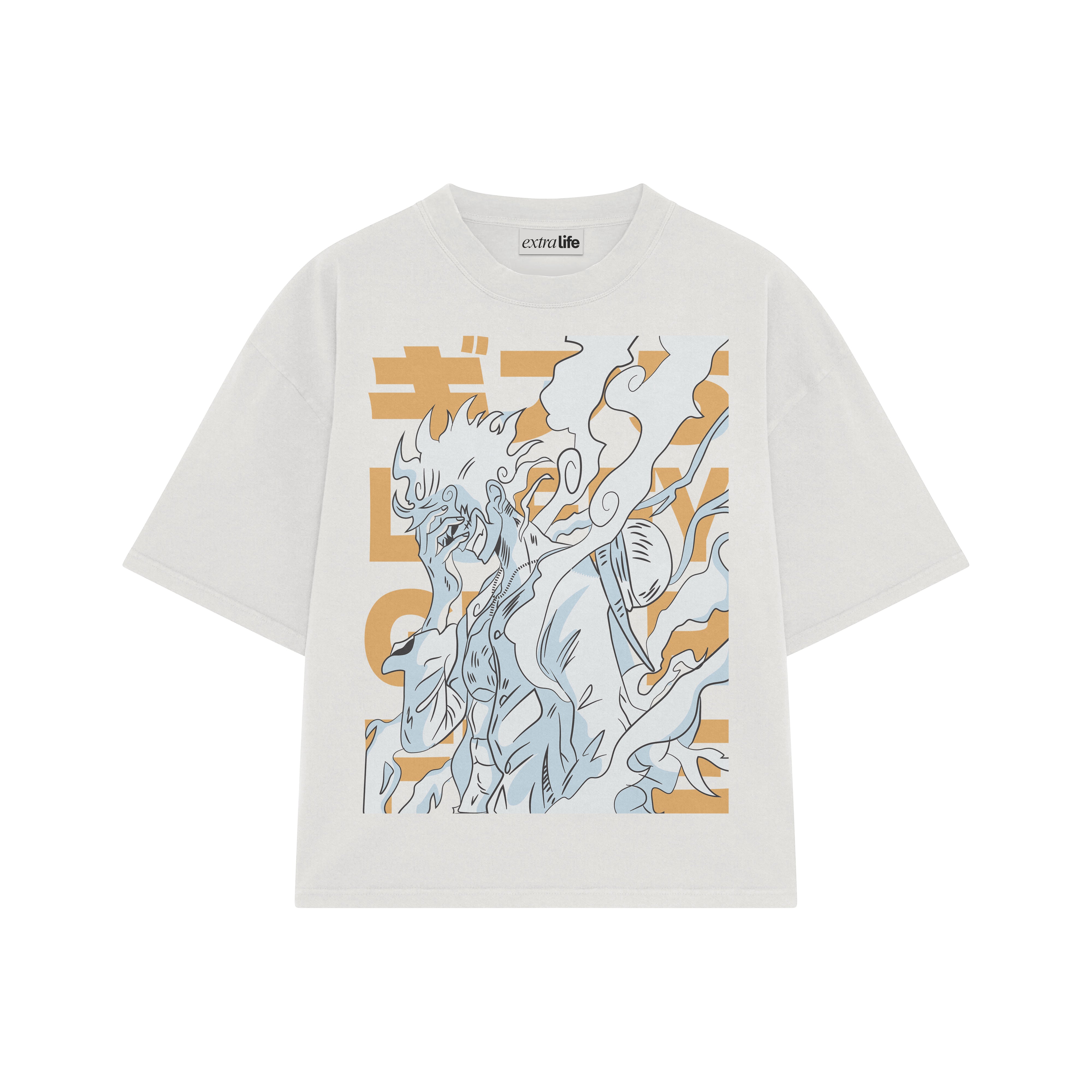 Playera streetwear premium de anime y gaming ExtraLife MX, corte boxy oversized drop shoulder heavyweight en color Deep Black y Off-White, moda urbana mexicana de culto.
