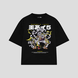 Playera streetwear premium de anime y gaming ExtraLife MX, corte boxy oversized drop shoulder heavyweight en color Deep Black y Off-White, moda urbana mexicana de culto.