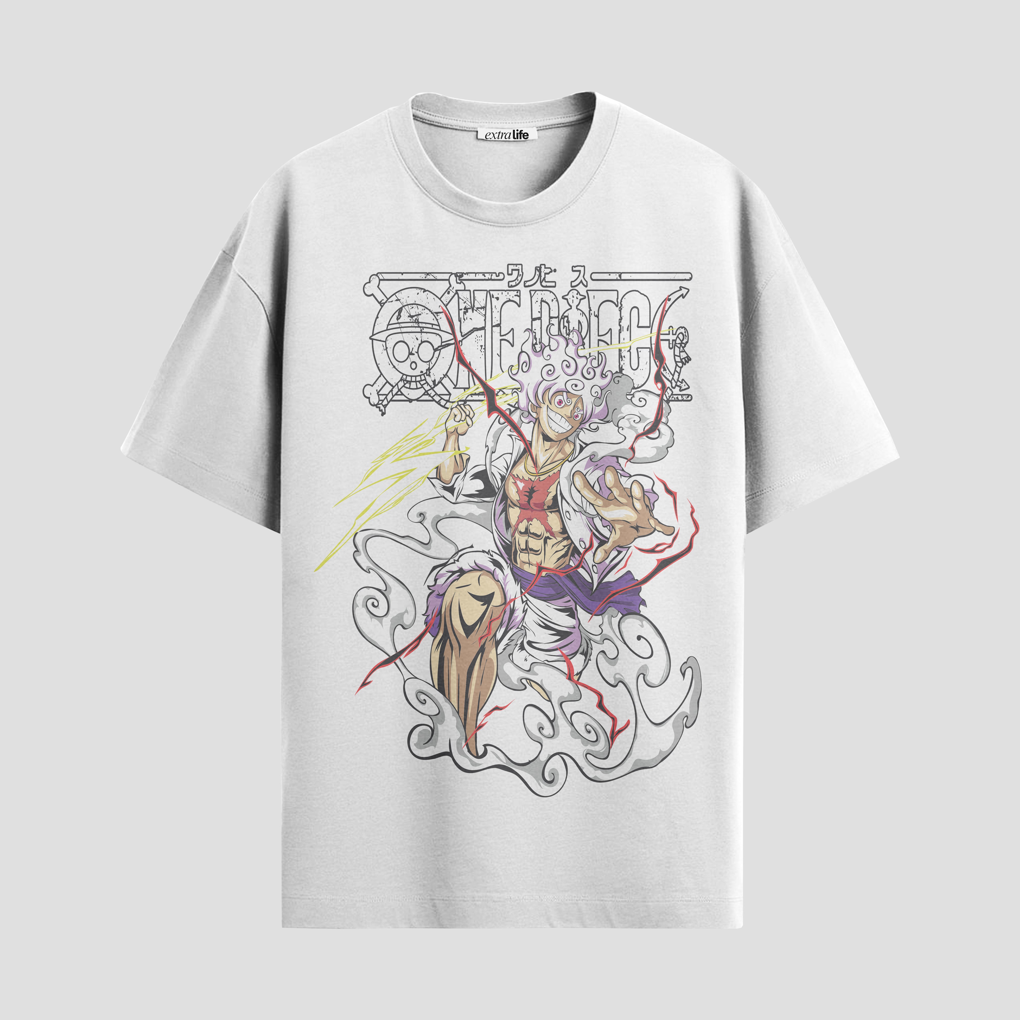 Playera urbana de anime y gaming ExtraLife MX, corte Standard Fit unisex ligero y transpirable en color Deep Black y Pure White, ropa de uso diario para gym y casual.