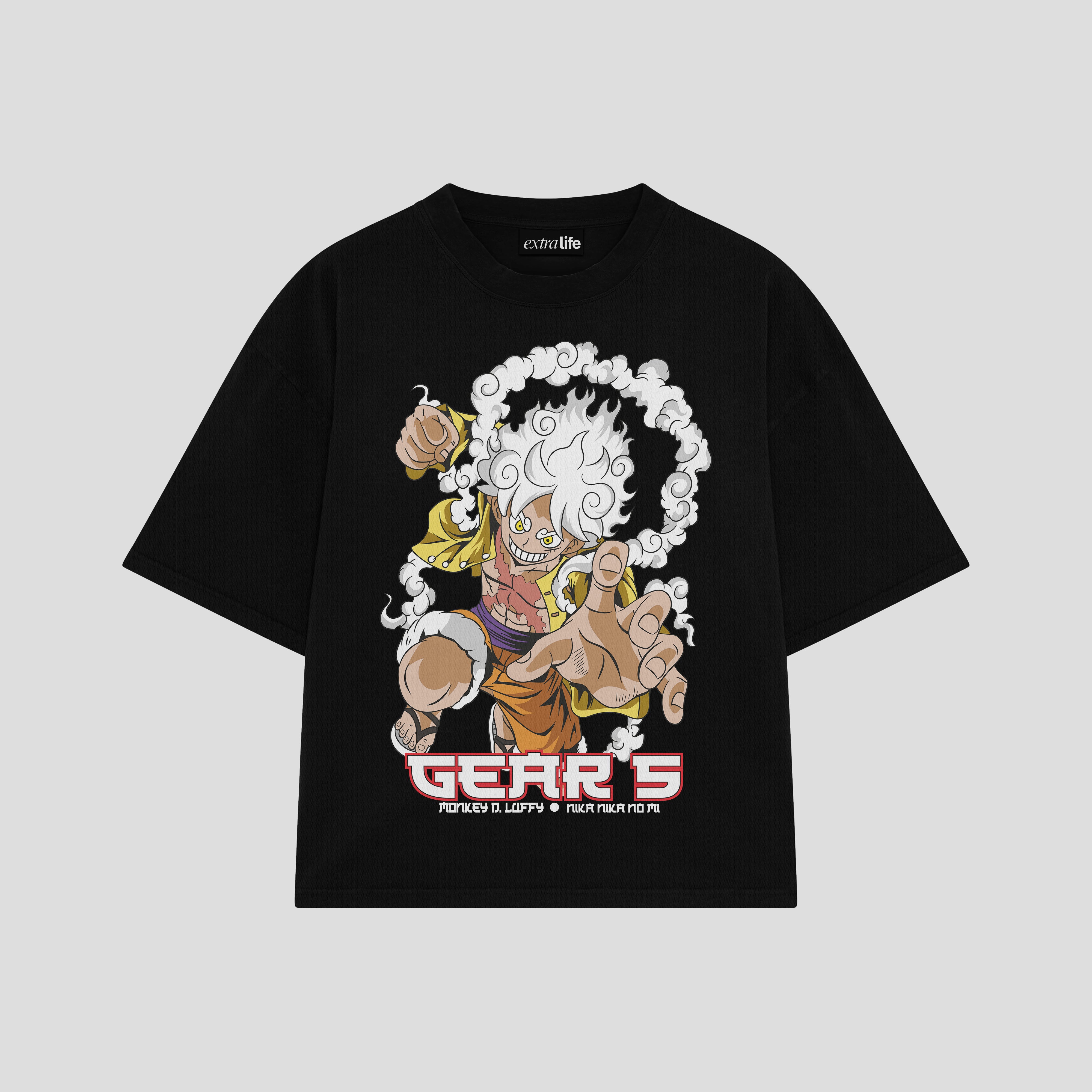 Playera streetwear premium de anime y gaming ExtraLife MX, corte boxy oversized drop shoulder heavyweight en color Deep Black y Off-White, moda urbana mexicana de culto.