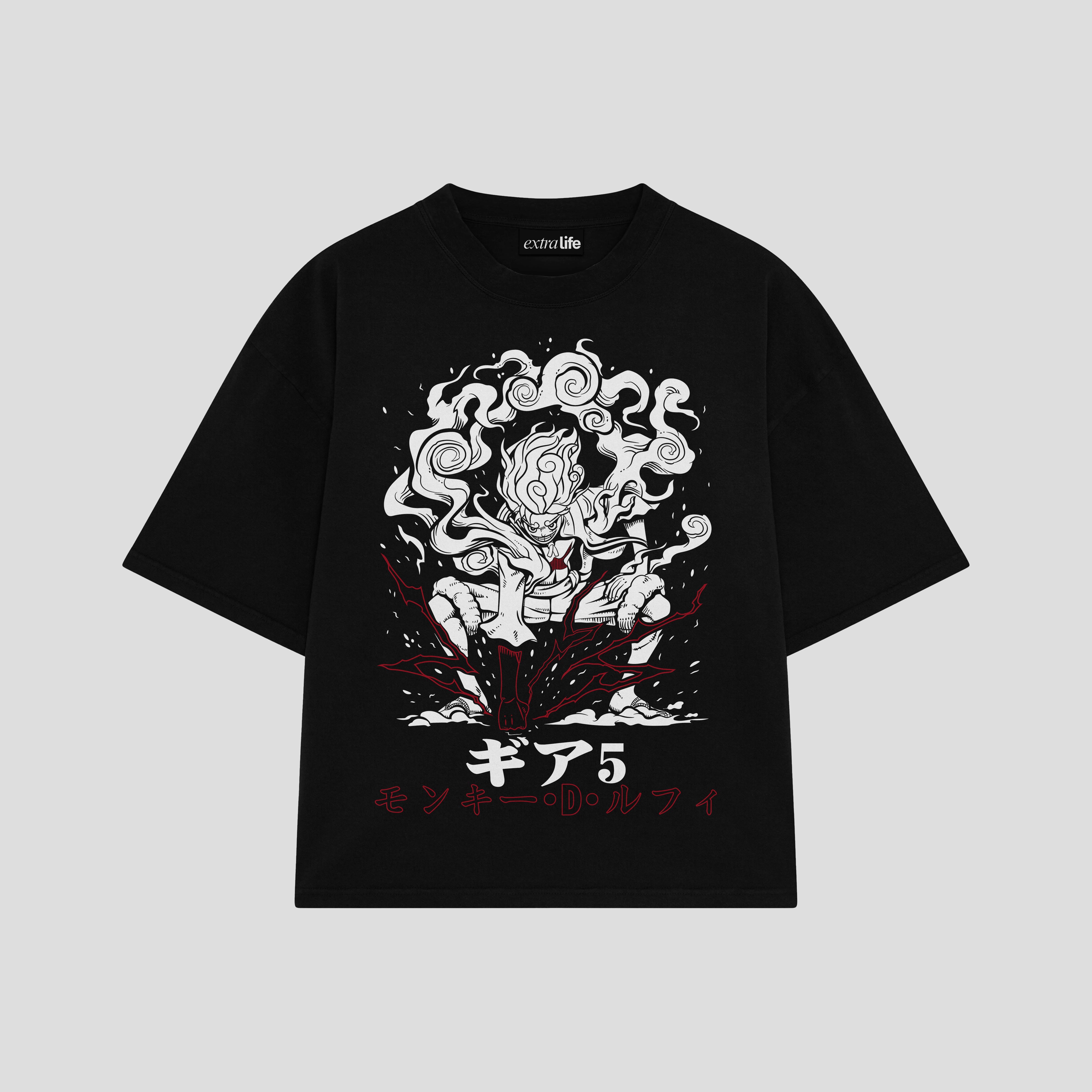 Playera streetwear premium de anime y gaming ExtraLife MX, corte boxy oversized drop shoulder heavyweight en color Deep Black y Off-White, moda urbana mexicana de culto.