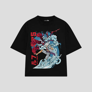 Playera streetwear premium de anime y gaming ExtraLife MX, corte boxy oversized drop shoulder heavyweight en color Deep Black y Off-White, moda urbana mexicana de culto.