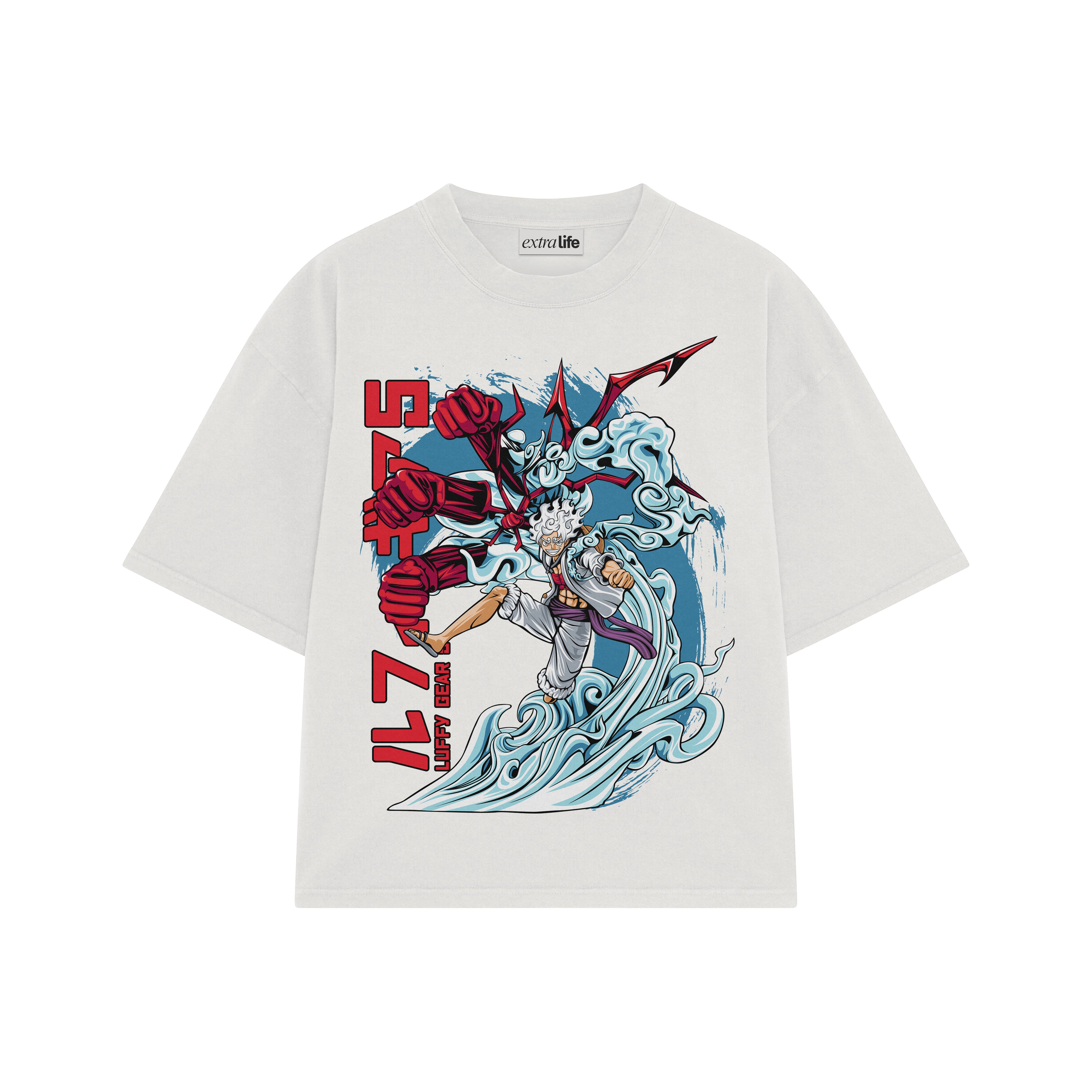 Playera streetwear premium de anime y gaming ExtraLife MX, corte boxy oversized drop shoulder heavyweight en color Deep Black y Off-White, moda urbana mexicana de culto.
