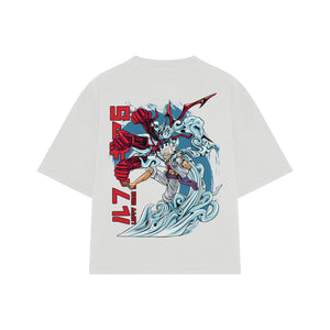 Playera streetwear premium de anime y gaming ExtraLife MX, corte boxy oversized drop shoulder heavyweight en color Deep Black y Off-White, moda urbana mexicana de culto.