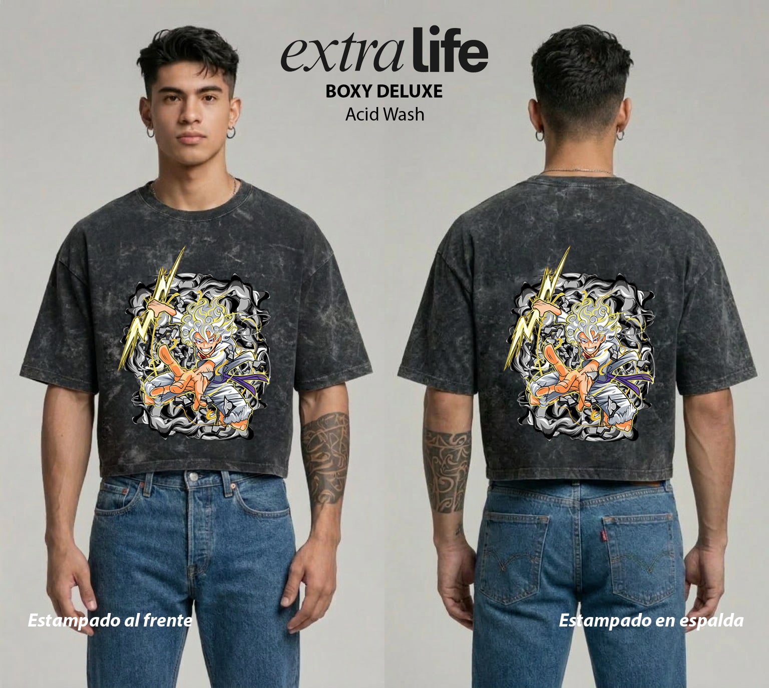Playera streetwear premium de anime y gaming ExtraLife MX, corte boxy deluxe mineral wash heavyweight en color Acid Wash, moda urbana mexicana de culto.