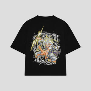 Playera streetwear premium de anime y gaming ExtraLife MX, corte boxy oversized drop shoulder heavyweight en color Deep Black y Off-White, moda urbana mexicana de culto.