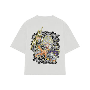 Playera streetwear premium de anime y gaming ExtraLife MX, corte boxy oversized drop shoulder heavyweight en color Deep Black y Off-White, moda urbana mexicana de culto.