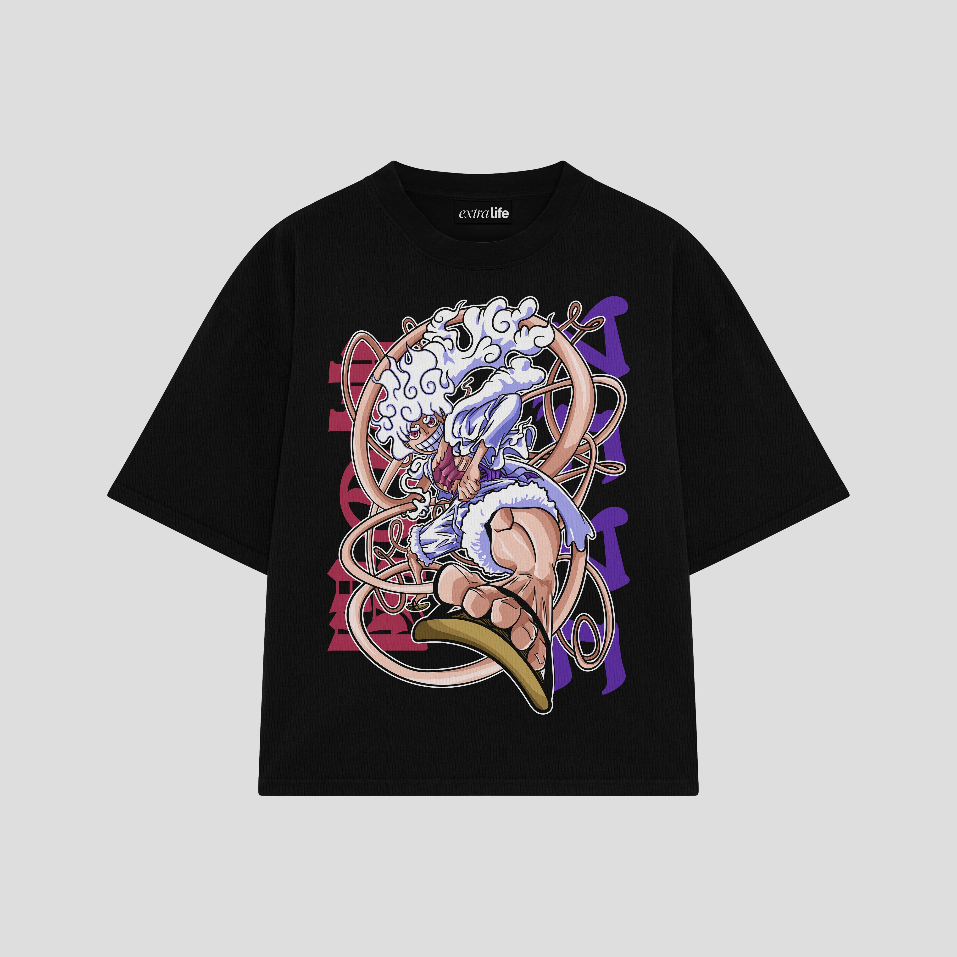 Playera streetwear premium de anime y gaming ExtraLife MX, corte boxy oversized drop shoulder heavyweight en color Deep Black y Off-White, moda urbana mexicana de culto.