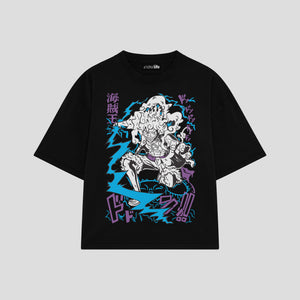 Playera streetwear premium de anime y gaming ExtraLife MX, corte boxy oversized drop shoulder heavyweight en color Deep Black y Off-White, moda urbana mexicana de culto.